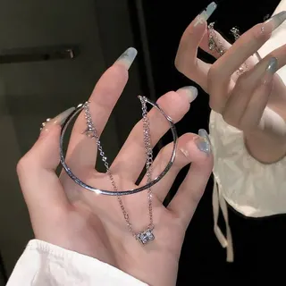 Double Layer Rhinestone Open Cuff Bracelet, Adjustable Silver Plated Copper Charm Bangle with Dangling Crystal Chain, Elegant Minimalist Jewelry Gift for Women