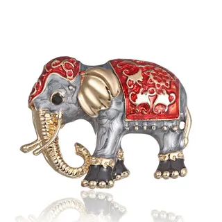 Elephant Enamel Brooch, Vintage Retro Animal Pin, Gold-Plated Alloy with Red Cloisonne Paint, Fashion Lapel Badge for Blazer Coat Dress, 2.7x3.2cm