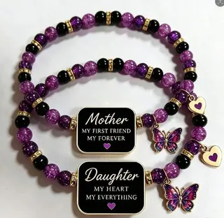 Purple Crystal Bead Bracelet 8mm Mother Daughter Engraved Charm Bracelet with Butterfly & Heart Pendant, Stainless Steel + Copper, 18cm, Mother's Day Gift