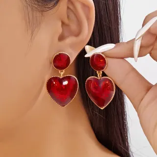 Vintage Red Heart Drop Earrings, Gold-Plated Alloy Statement Dangle Earrings with Glossy Resin Gem, Oversized Face-Slimming Party Jewelry for Women