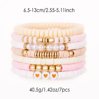 7pcs Stretch Beaded Bracelet Set, Pink Macaron Faux Pearl & Clay Beads with Gold Accents, Adjustable 6.5-13cm, Sweet Girl Gift for Women