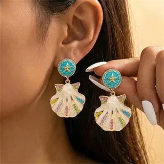 Vintage Ocean Shell Earrings - Starfish Enamel & Colorful Crystal Alloy Dangle Earrings, Boho Beach Vacation Statement Earrings for Women