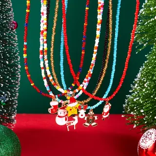 Christmas Multi-Strand Beaded Necklace, Colorful Seed Bead Layered Chain with Snowman & Candy Cane Alloy Charms, 44+5cm, 5-Piece Set Holiday Gift