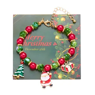 Christmas Beaded Bracelet for Women - Enamel Santa & Christmas Tree Charm, Faceted Crystal Beads, Elastic 18cm Holiday Gift Jewelry