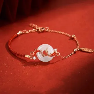 Lucky Koi Fish Peace Buckle Red String Bracelet for Women, New Chinese Style Alloy Rose Gold + Resin, Handwoven Lucky Charm Bangle, Birthday Gift
