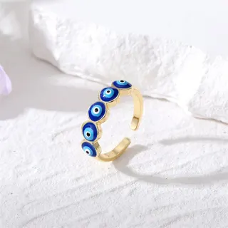 Evil Eye Ring Open Adjustable, Colorful Enamel Evil Eye Finger Ring, 18K Gold Plated Alloy, Boho Retro Stackable Ring for Women Girls, Gift