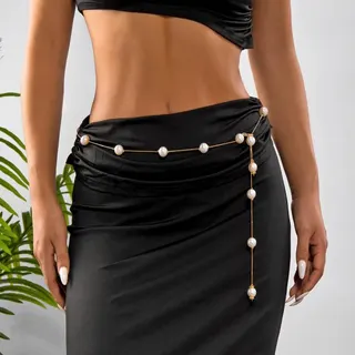 Pearl Chain Belt for Women - Gold Tassel Waist Chain with Pearl Beads, Elegant Body Chain for Dresses & Skirts, Adjustable ~114cm