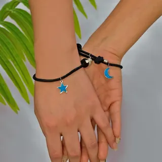 Couples Star and Moon Bracelet Set - Black Braided Cord with Blue Enamel Star & Moon Charms, Alloy 18K Gold Plated, Adjustable 18cm, Minimalist Gift for Her & Him
