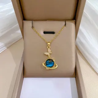 Stainless Steel Starry Sky Butterfly Necklace, 18K Gold Plated Zircon Planet Ring Pendant, Adjustable 40+5cm Clavicle Chain, Gift for Her