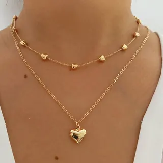 Double Layer Heart Necklace Women Gold Plated Alloy Clavicle Chain, 3D Polished Heart Pendant Layered Choker, 42+5cm Gift for Her