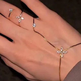 Flower Zircon Ring Bracelet Set, Gold Tone Finger Chain with Marquise Crystal, Elegant Hand Jewelry for Women, 17+5cm Adjustable