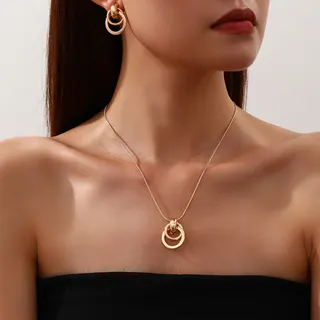 Gold Geometric Circle Hoop Earrings & Necklace Set - Minimalist Double Ring Pendant Clavicle Chain, 18K Gold Plated Alloy, French Vintage Jewelry for Women