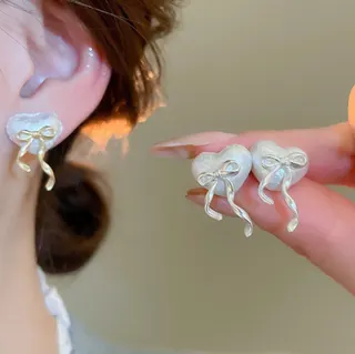 Sweet Heart Bow Earrings - White Acrylic & Alloy Dangling Butterfly Knot Stud Earrings for Women Girls, French Cute Face-Slimming Jewelry Pair