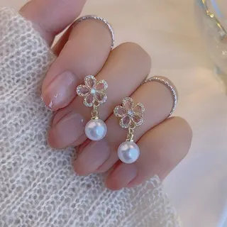 Flower Pearl Drop Earrings - French Vintage Pink Crystal Zircon Dangle Earrings, 18K Gold Plated Alloy, Sweet Elegant Dainty Earrings for Women, 3.6x1.4cm (Pair)