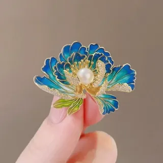 Purple Peony Flower Brooch, Enamel & Rhinestone Pearl Pin, Vintage Elegant Alloy Brooch for Blazer Dress Qipao, 5.3x4.4cm