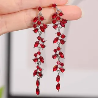 Red Marquise Zircon Long Tassel Drop Earrings, Alloy Silver-Plated Dangle Earrings for Wedding Party, 7.3cm Statement Earrings for Women (Pair)
