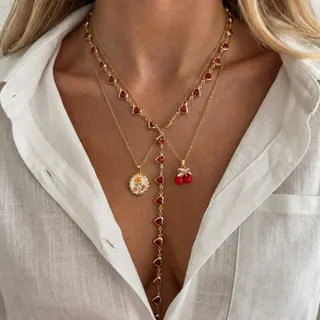 Vintage French Layered Necklace 18K Gold Plated Alloy Chain with Red Heart Zircon & Cherry Flower Pendant, Long 40+5cm/70cm Statement Collarbone Chain