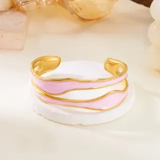 Wavy Enamel Bangle Bracelet, Pearl Red with 18K Gold Plated Stainless Steel, Open Cuff Design, Minimalist Luxury Jewelry for Women