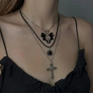 Gothic Layered Necklace Set for Women - Vintage Cross Bat Skull Pendant, White Gold Alloy & Leather Cord, 3-Chain Punk Y2K Long Necklace