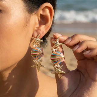 Ocean Style Colorful Enamel Conch Shell Pearl Earrings, 18K Gold Plated Alloy Dangle Earrings, Boho Beach Vacation Statement Earrings for Women, 4.7cm