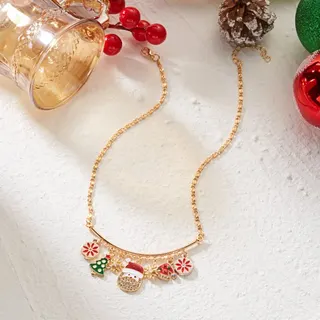 Christmas Necklace for Women, Santa Snowman & Christmas Tree Enamel Charm Pendant, Gold Alloy with Rhinestones, Adjustable 40+5cm Holiday Party Gift Jewelry