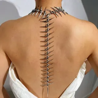 Punk Spine Back Chain Necklace, Gothic Thorn Fishbone Body Chain, Silver Alloy Electroplated, Music Festival & Party Statement Accessory, Approx 62cm