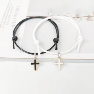 Cross Wax Cord Couple Bracelet Set - Alloy Electroplated Black & Red Adjustable Braided Rope Bracelets for Men and Women