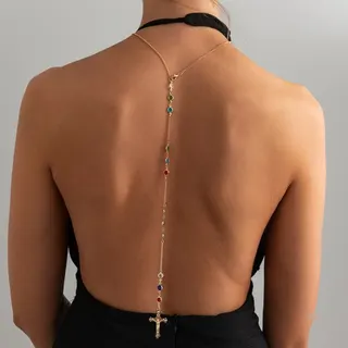 Gold Cross Body Chain Back Necklace - 18K Gold Plated CCB with Colorful Crystal Beads, 69cm Back Chain for Backless Dress, Boho Vintage Body Jewelry