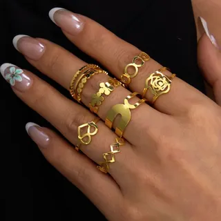 Stainless Steel Openwork Ring Set of 7 - Gold Tone Heart Flower Rose Clover Geometric Stacking Rings, Hypoallergenic 18K Gold Plated Fashion Jewelry for Women