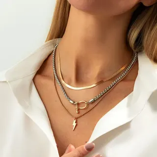Layered Necklace Set 3pcs - Horsebit & Lightning Bolt Pendant Collar Chain, Mixed Gold & Silver Alloy, Punk Chic Multi-Strand Necklace for Women