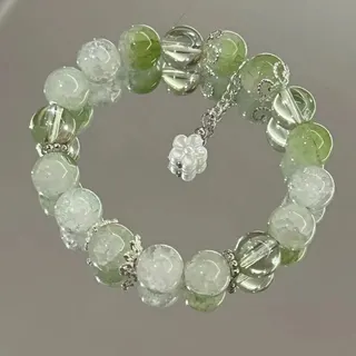 Freesia Lemon Green Floral Glass Bead Bracelet, Handmade Forest Style Women's Elastic Bracelet with Silver Flower Charm, 6cm