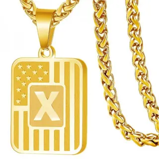 Gold Letter Y Rectangle Pendant Necklace, 18K Gold Plated Stainless Steel Cuban Chain, American Flag Star Stripe Design, Hip Hop Street Jewelry for Men Women, 60cm
