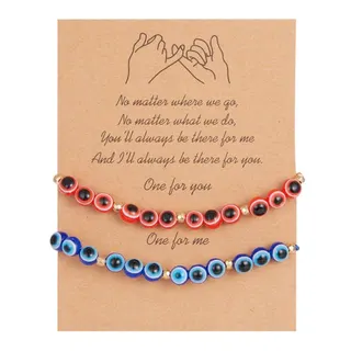 Nazar Evil Eye Bracelet Set for Couples - Red & Blue Resin Beaded Adjustable Braided String Bracelets, Turkish Protection Charm, 16-30cm, Boho Gift for Him & Her