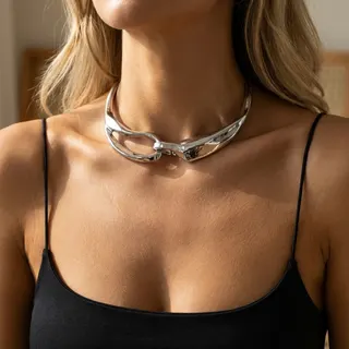 Luxury Wide Geometric Choker Necklace, White Gold Plated Mirror Polished Collar Chain, Minimalist Statement Neck Chain for Women