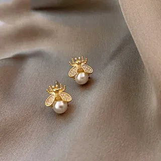 Bee Pearl Stud Earrings - Gold Alloy & Imitation Pearl, 1cm Delicate French Vintage Hoop Ear Studs for Women