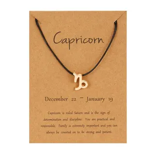 Capricorn Zodiac Symbol Necklace, Black Cord Gold-Plated Alloy Pendant, Adjustable 18-32cm, 12 Constellation Gift with Kraft Card Packaging