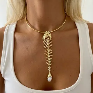 Gold Fishbone Necklace for Women - 18K Gold Plated Alloy Choker with Rhinestone & Pearl Drop Pendant, Statement Y2K Gothic Jewelry