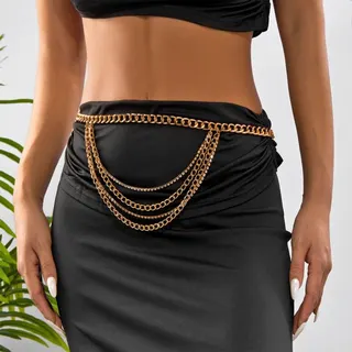 Gold Multi-Layer Chain Waist Belt with Rhinestones, Tassel Hip Chain for Women, Y2K Party Accessory, Adjustable Approx 110cm, 18K Gold Plated