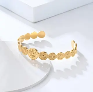 Geometric Round Stainless Steel Cuff Bracelet - Sunburst Engraved Open C-Shape Bangle, Hypoallergenic Polished Silver Tone, Minimalist Stackable Jewelry for Women