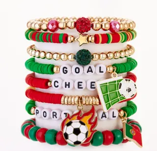 World Cup Soccer Letter Beaded Bracelet Set - 7 Pcs GOAL CHEER SPORT Soft Clay & CCB Braided Rope with Football Flame & Goal Charm, Red Green Gold Fan Gift