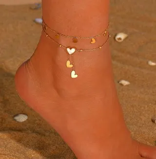 Gold Heart Tassel Ankle Bracelet for Women, Stainless Steel 18K Gold Plated, Double Layer Dangling Heart Charm, Beach Vacation Jewelry, 21+5cm Adjustable