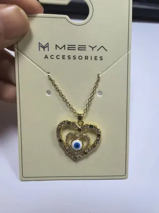 MEEYA Evil Eye Heart Necklace for Women, Double Heart Openwork Zircon Pendant, 18K Gold Plated Alloy Lucky Charm Clavicle Chain