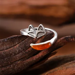 Vintage Fox Head Open Ring for Women, Alloy with Orange Cat's Eye Stone, Adjustable Boho Statement Ring, Retro Forest Style Jewelry