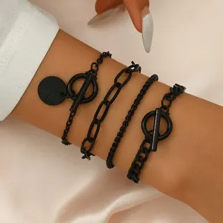 Gothic Punk Bracelet Set of 4 - Black Alloy Chain & Round Charm Bangle, Y2K Dark Aesthetic Stackable Wrist Jewelry for Women