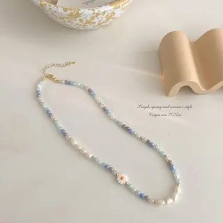 Colorful Beaded Flower Collar Necklace - Rainbow Crystal & Pearl Daisy Choker, Sweet Cute Alloy Necklace for Women, 40+5cm Adjustable