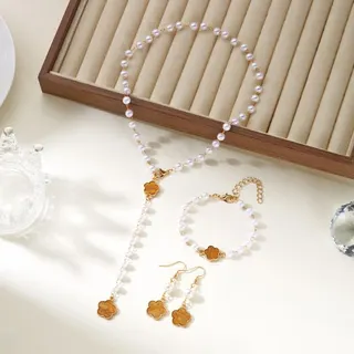 Lucky Pearl Flower Jewelry Set - Pink Enamel & Pearl Necklace Bracelet Earrings 3-Piece Set, French Vintage Tassel Design, 50cm, Gift Ready
