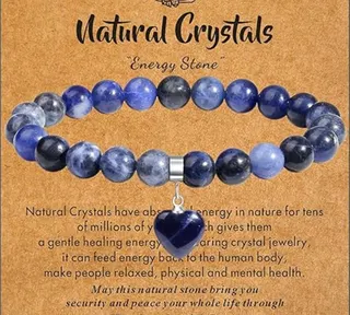 Natural Blue Larimar Crystal Bead Bracelet with Heart Charm, Elastic Stretch String, Healing Energy Stone Jewelry Gift for Women