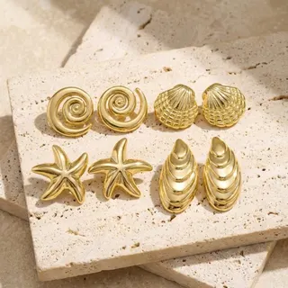 Summer Ocean-Themed Earring Set - Gold Plated Starfish Scallop Shell & Spiral Conch Studs, 4 Pairs Vintage Beach Jewelry 3.5cm