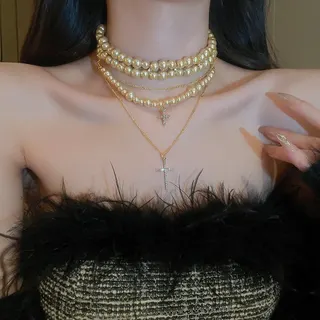 Vintage Rhinestone Cross Pearl Multi-Layer Necklace, Gold Plated Choker & Layered Chain with Zircon Cross Pendant, 38+5cm