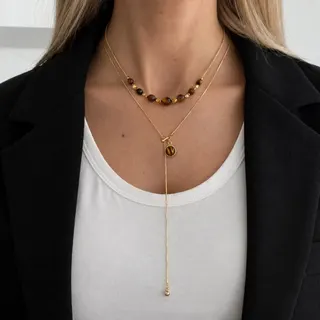 Autumn Tiger Eye Stone Adjustable Sweater Necklace, Vintage Pearl Layered Long Chain, 18K Gold Plated Alloy, 42+7cm Women Jewelry